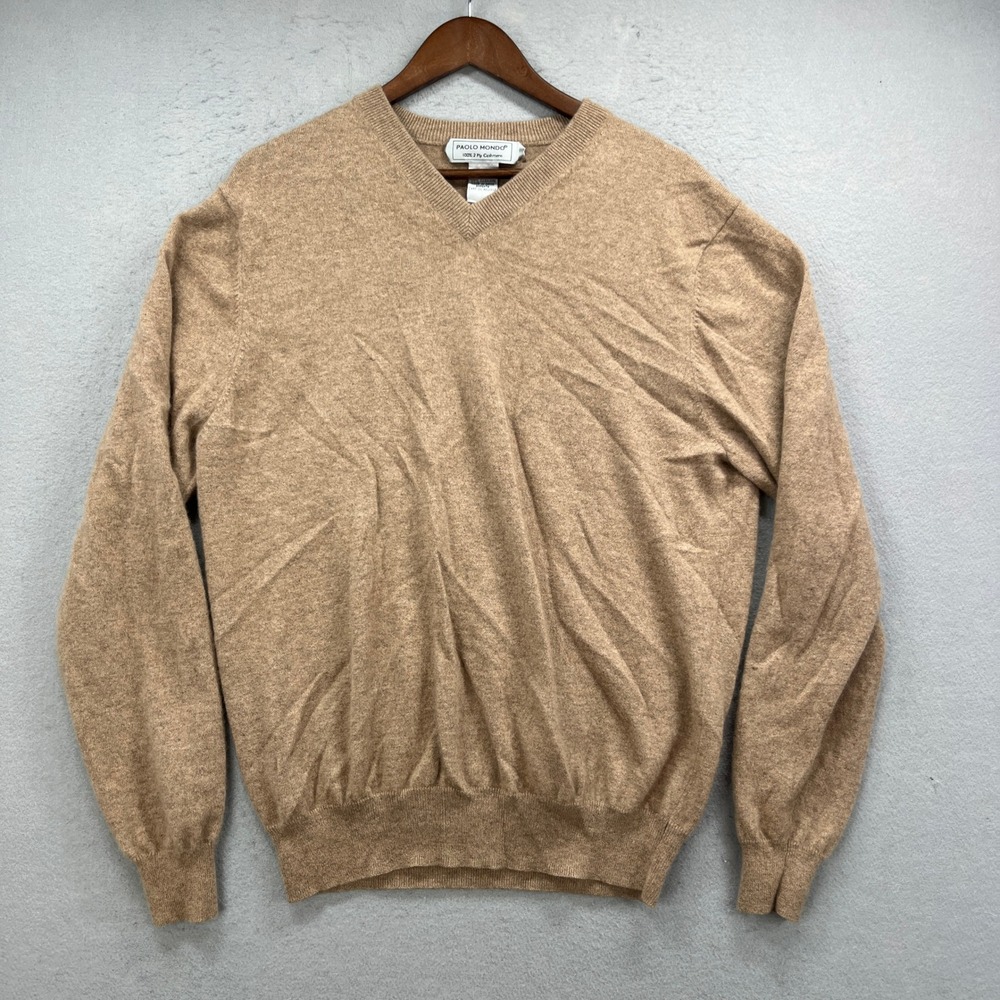Paolo Mondo Sweater Mens XL Tan V Neck 100% 2 Ply Cashmere Pullover Classic